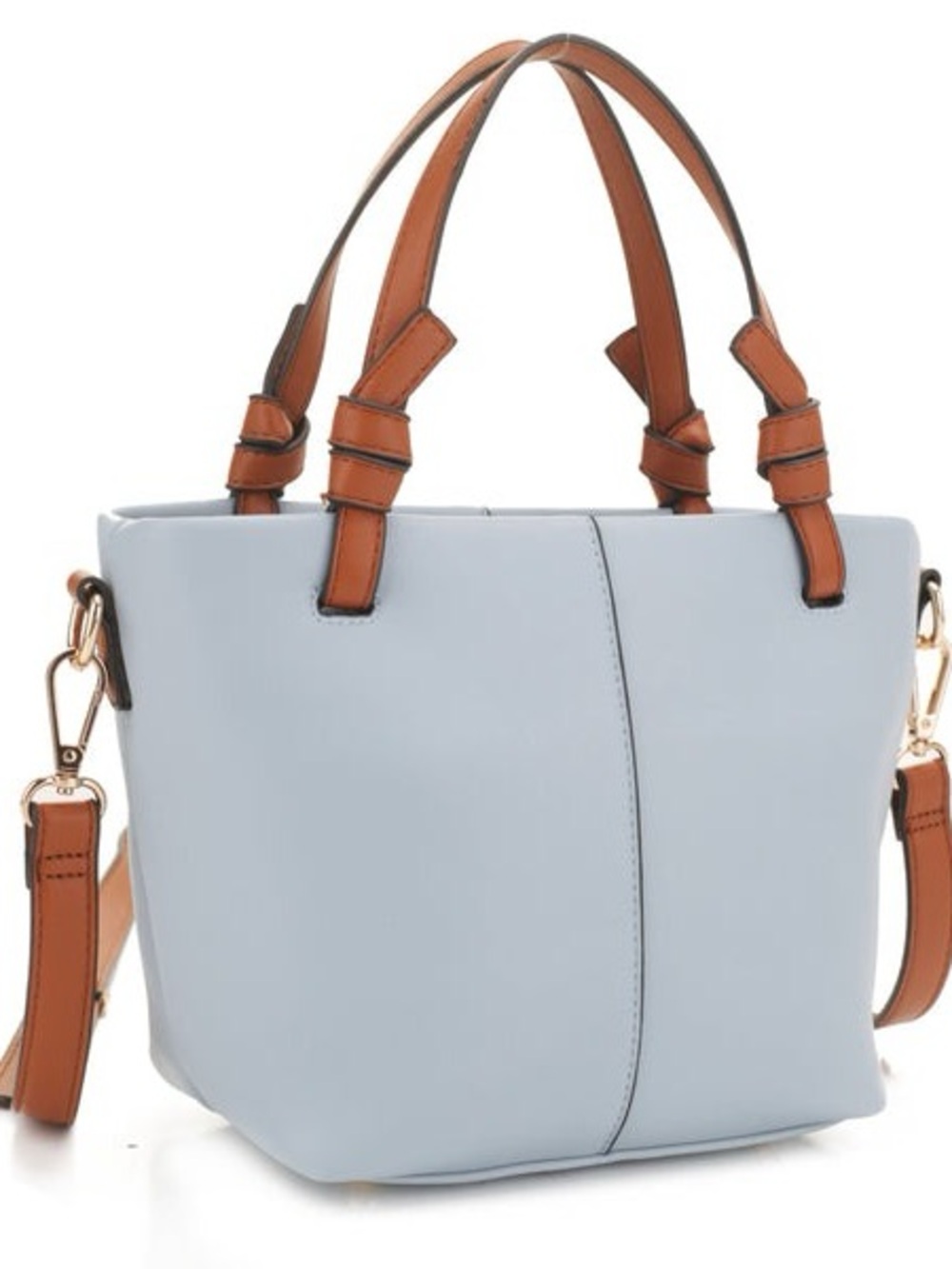 Chic Light Blue Crossbody Tote with Tan Handles